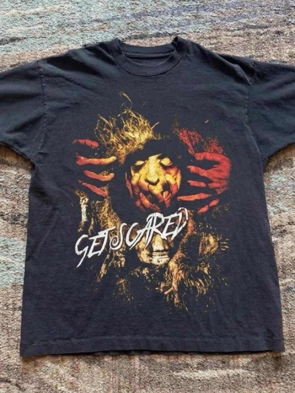 Gildan Black Men's Graphic Tee with Red and Gold Horror Artwork